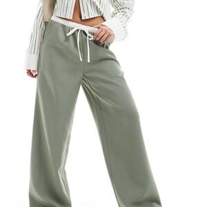 Kaiia Drawstring Contrast Waist Wide Leg Pants in Sage